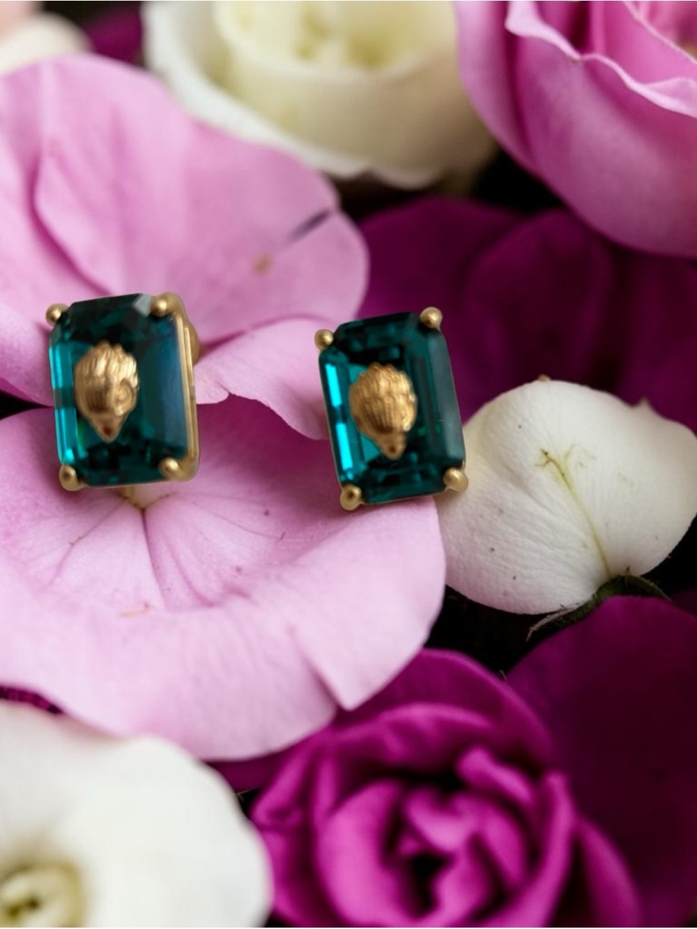 Kurt Geiger Teal Rectangular Crystal Stud Earrings with Gold Detail